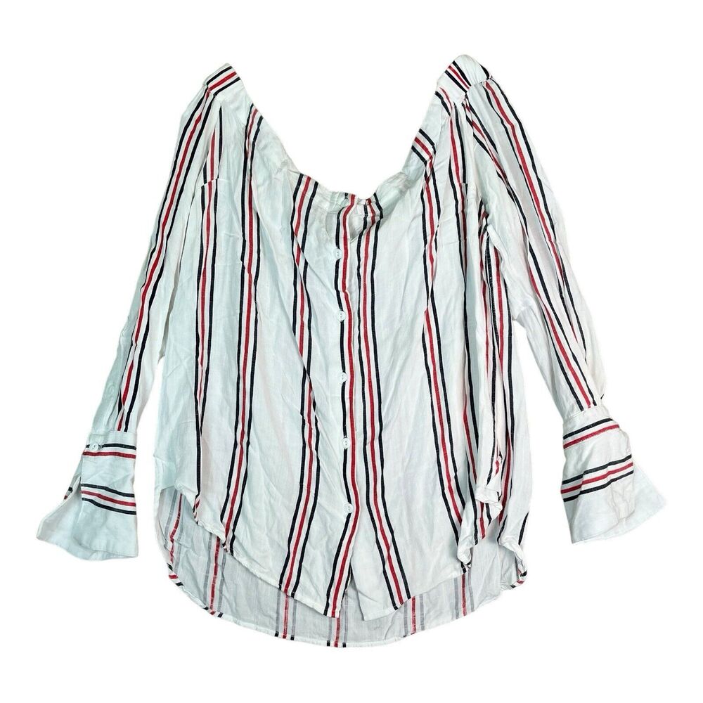 ESLEY Anthropologie Linen Off Shoulder Boho Red Blue Striped Patriotic Top Sz L